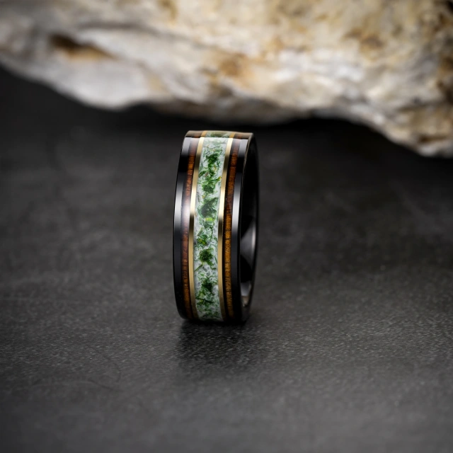 Luxury High Polished Mens Tungsten Wedding Ring Inlay Gold Foil Green Moss Tungsten Carbide Ring comfort Fit