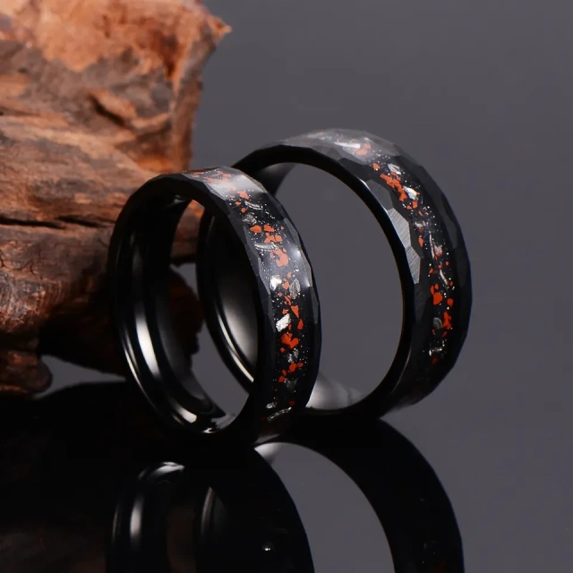 Factory Direct Sales 8mm Hammered Tungsten Ring for Men Women Dinosaur Meteorite Chip Inlay Fashion Engagement Wedding Band