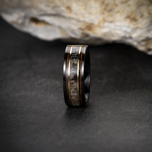 Ouyuan Jewelry 8mm Black Flat Tungsten Carbide Wedding Band Whiskey Barrel Wood Antler Inlay for Men Women Mens Engagement Gift
