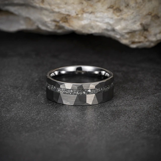 Silver Plated Meteorite Inlay Tungsten Carbide Ring Mens and Women Wedding Band Simply Design Men Tungsten Meteorite Ring