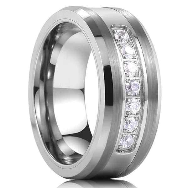 Luxury Men's Silver Plated Tungsten Carbide Ring with Comfort Fit CZ Inlay Fashionable Engagement Jewelry for Couples