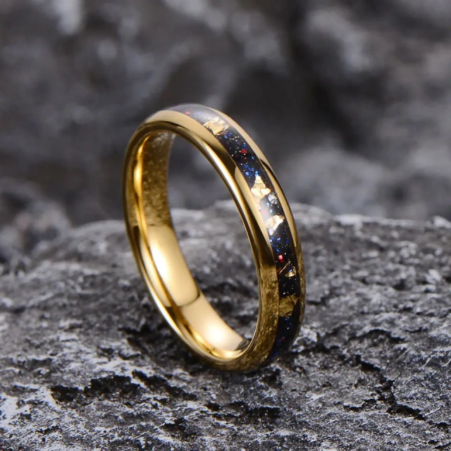 8mm 4mm Dome Tungsten Ring Polished Silver Gold Leaf Meteorite Inlay Wedding Band Gift Couple Ring
