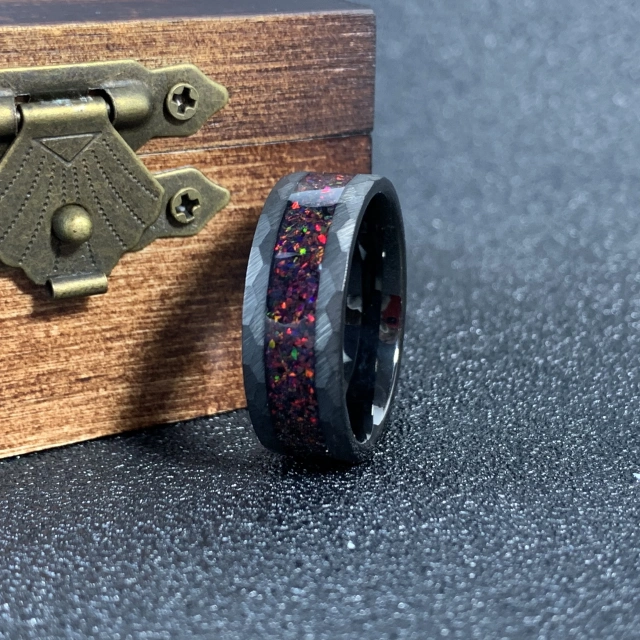 Custom Wedding Ring Gold Plated Couple Wedding Band Hammered White Black Fire Opal Tungsten Ring Couple Ring
