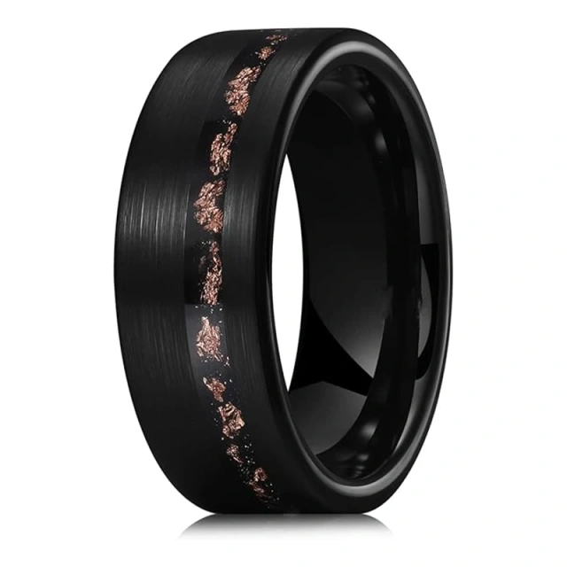 8mm and 4mm Black Tungsten Carbide Rose Gold Leaf Inlaid Custom Jewelry for Women Men Couple Tungsten Wedding Ring Fashion Rings