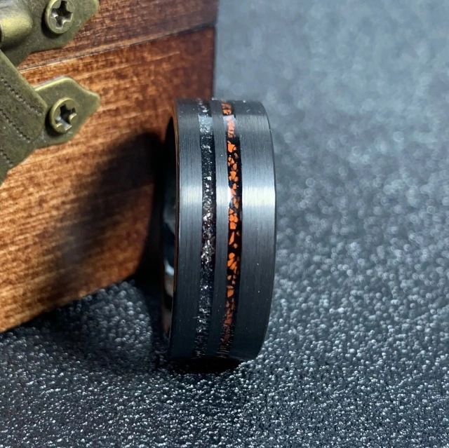 8mm Black Hammered Matte Finished Tungsten Meteorite Dinosaur Bone Inlay Wedding Ring for Men