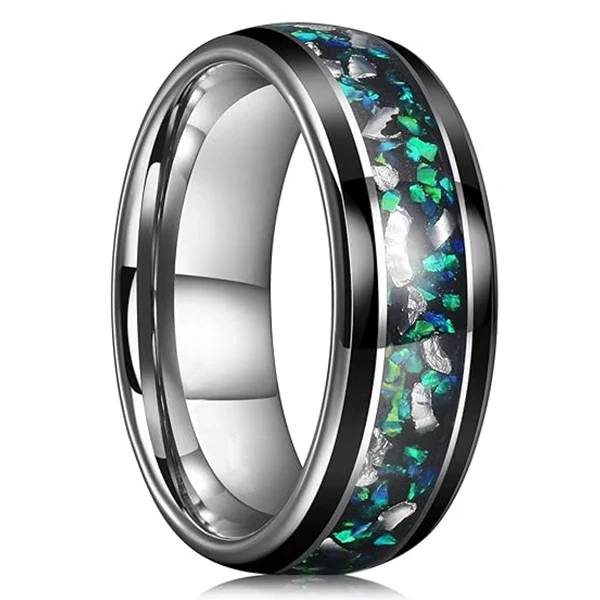 Fashion Jewelry Ring Silver Men Tungsten Carbide Ring with groove Inlay Green Opal comfort It Men Ring