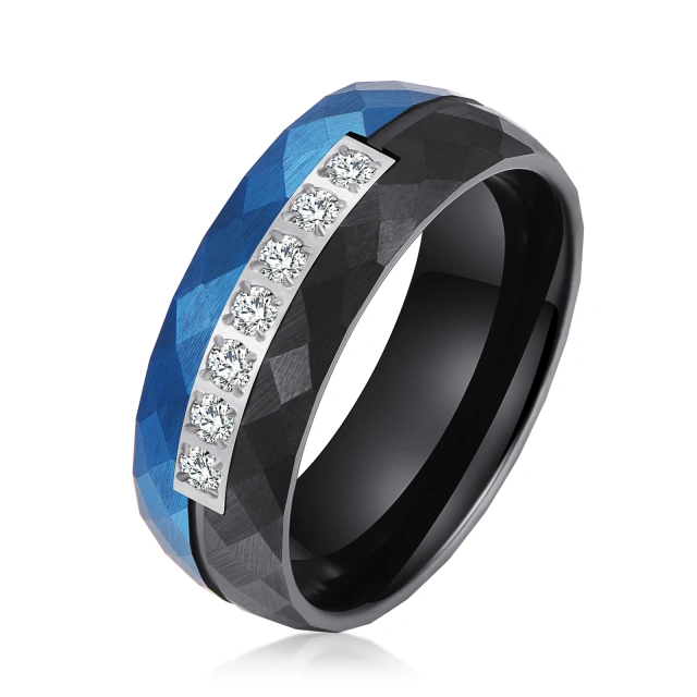 Fashion Jewelry Men Wedding Band Ring  8mm Hammered Tungsten Carbide Ring Mens Womens Engagement Half Eternity CZ Stone