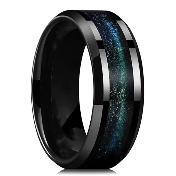 Wholesale Black Plated Galaxy Flowing Sand Inlay Tungsten Rings for Men Women Tungsten Carbide Ring Wedding Ring Fashion Jewelry