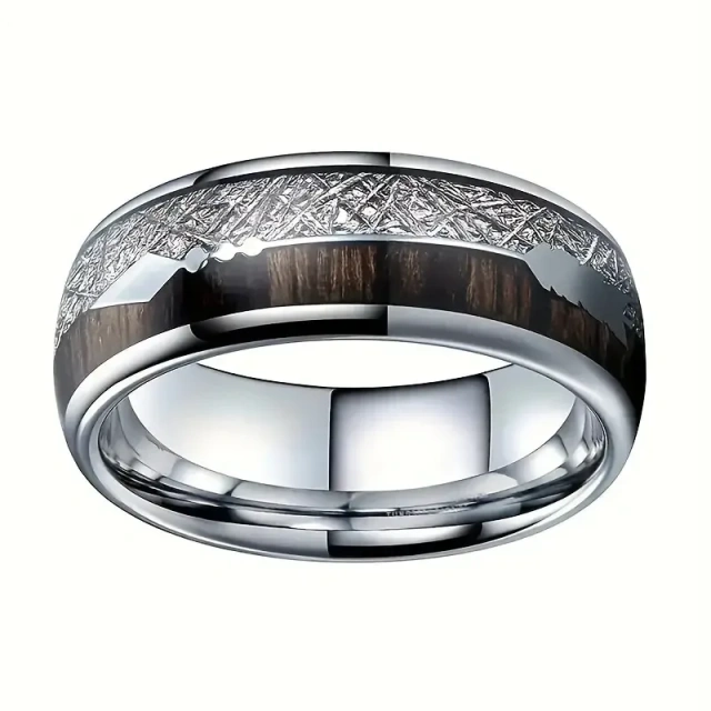 Fashion Men's Stainless Steel Ring Luxury Trendy 8mm Tungsten Carbide with Black Wood Inlay Black Plated Ring