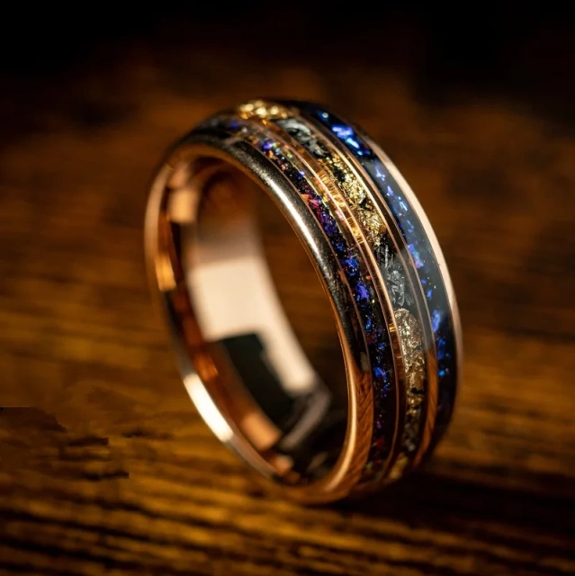 Ouyuan Jewelry Gold Plated Luxury Men Ring Inlay Gold Foil and Blue Opal Tungsten Carbide Ring for Men and Women Wedding Ring