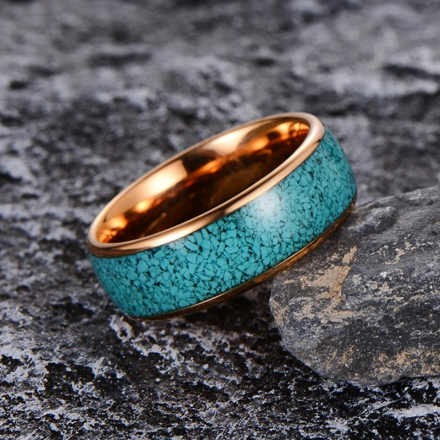 Wholesale Price Drop Shipping Jewelry Inlay Crushed Turquoise Tungsten Ring 18K Rose Gold Tungsten Ring 8MM Rings for Men Women