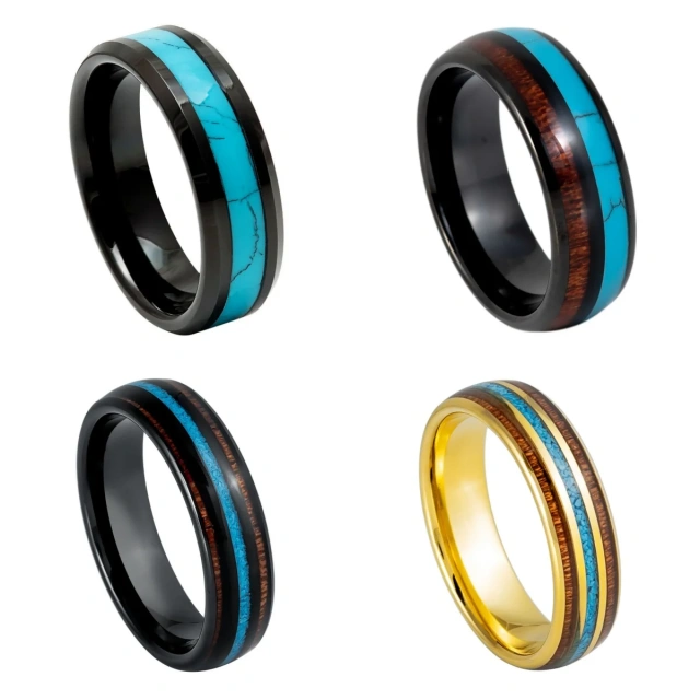 Black Plated 8mm 6mm 4mm Tungsten Ring Turquoise&Wood Inlay Wedding Band Birthday Gift Promise Rings for Men and Women