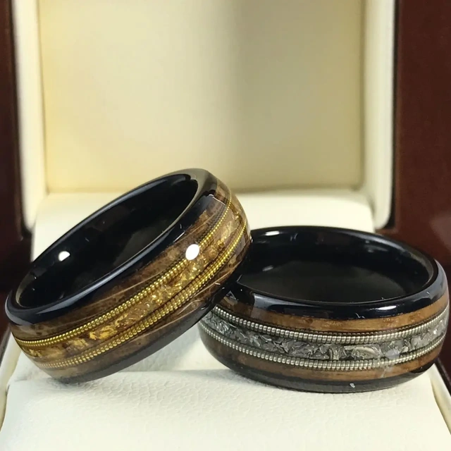 Ouyuan Factory Fine Jewelry 8mm Dinosaur Stone Meteorite Inlay Black Plated Tungsten Ring for Men Engagement Wedding Band