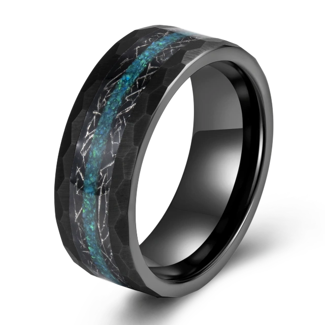 China Factory Sell Hammered Edge Black Plated Tungsten Carbide Ring Male Wedding Jewelry 8mm Tungsten Carbide Rings for Men