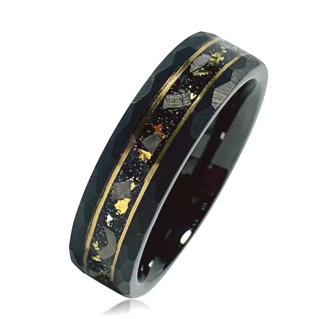 Ouyuan Fashion Rings Hammered Gold Leaf Meteorite Inlay Black Tungsten Carbide Wedding Ring comfort Fit
