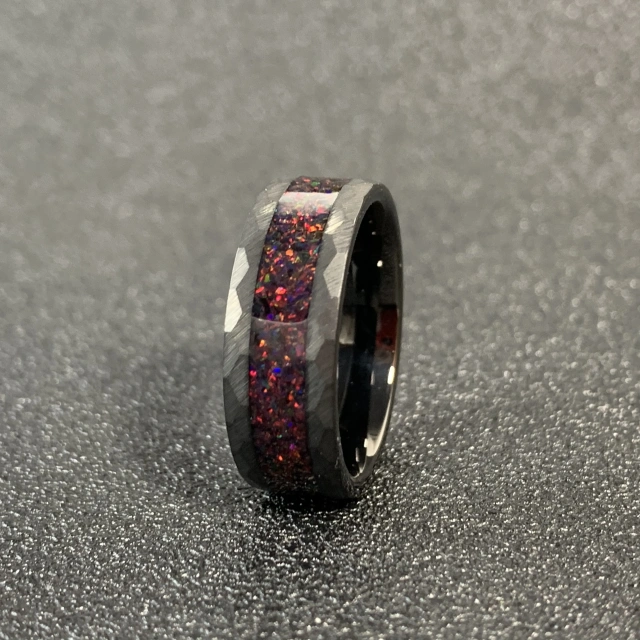 Custom Wedding Ring Gold Plated Couple Wedding Band Hammered White Black Fire Opal Tungsten Ring Couple Ring