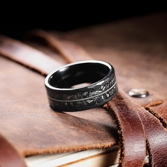 Wholesale Price Hammered Edge Meteorite Rings Black Tungsten Jewelry for Women Men Bijoux En Acier Inoxydable Jewelry Sets