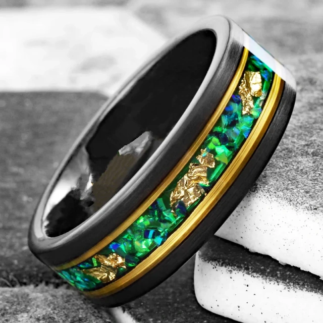 Black Tungsten Green Emerald Ring Malachite Gold Leaf Inlay Flat Gold Line Wedding Band for Men