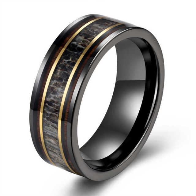 Ouyuan Jewelry 8mm Black Flat Tungsten Carbide Wedding Band Whiskey Barrel Wood Antler Inlay for Men Women Mens Engagement Gift