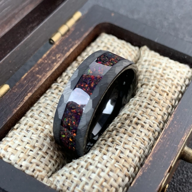 Custom Wedding Ring Gold Plated Couple Wedding Band Hammered White Black Fire Opal Tungsten Ring Couple Ring