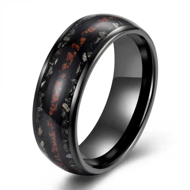 Dinosaur Bone & Meteorite Chip&gold Foil Mens Wedding Ring Brushed Black Tungsten With Rose Gold Strips Inlay Hammered Mens Ring