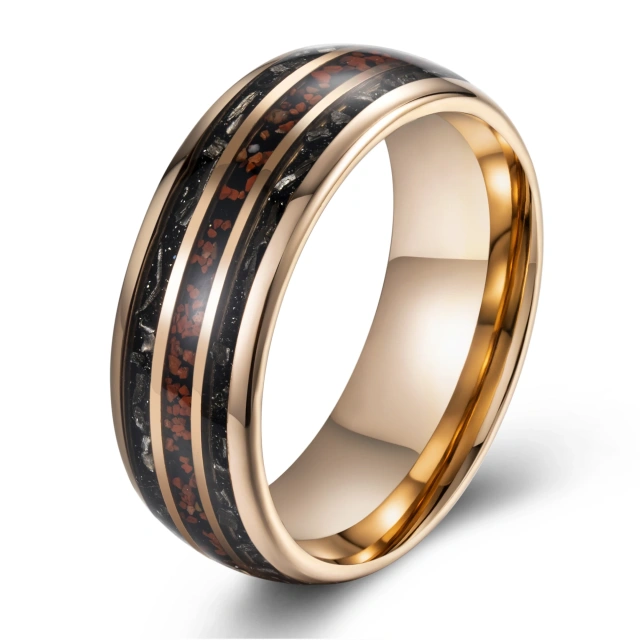 Ouyuan Factory Fine Jewelry 8mm Dinosaur Stone Meteorite Inlay Black Plated Tungsten Ring for Men Engagement Wedding Band