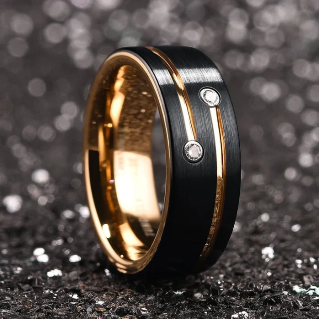 Wholesale Custom Jewelry Rings 8mm Black and Gold 18K Couple Tungsten Ring Wedding Band Cz Stone Grooved Pipe Cut