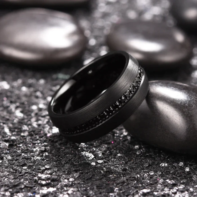 Wholesale Domed Brushed 8mm Cz Stone Inlay Black Tungsten Ring for Men Women Engagement Wedding Band comfort Fit