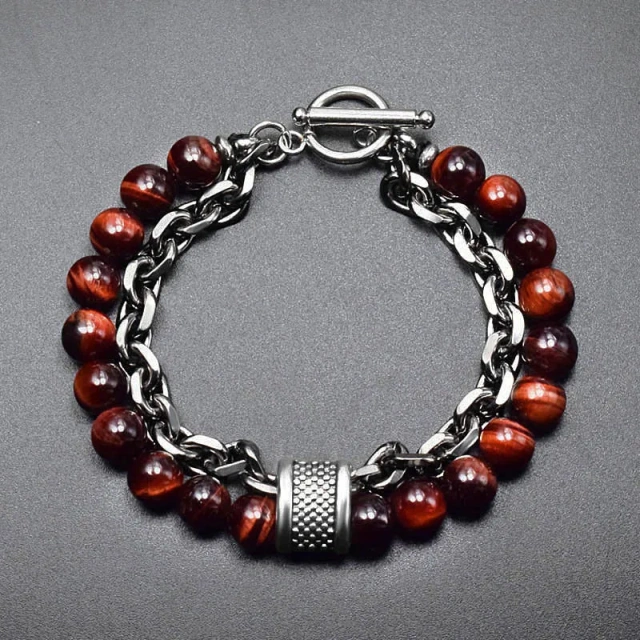 In Stock Stainless Steel Adjustable 8mm Tiger Eye Stone Spacer Bracelet 21CM Men's Beaded Bracelet Wholesale