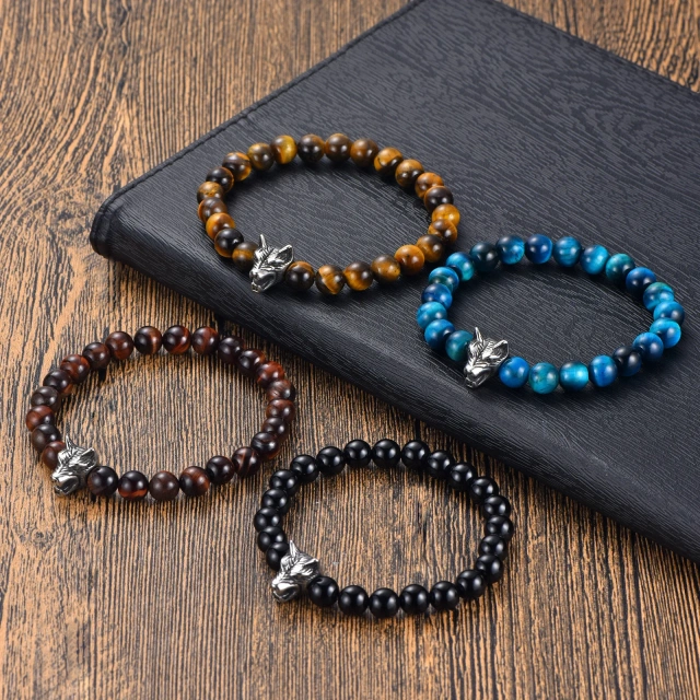 Ready to Ship New Agate Tiger Eye Stone DIY Wolf Head Stainless Steel Bracelet Beaded Bracelet Jewelry for Women Men