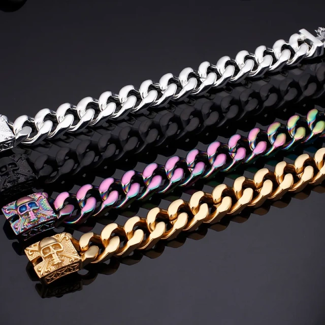 220mm Men Punk Stainless Steel Skull Pattern Clasp&links Bracelet