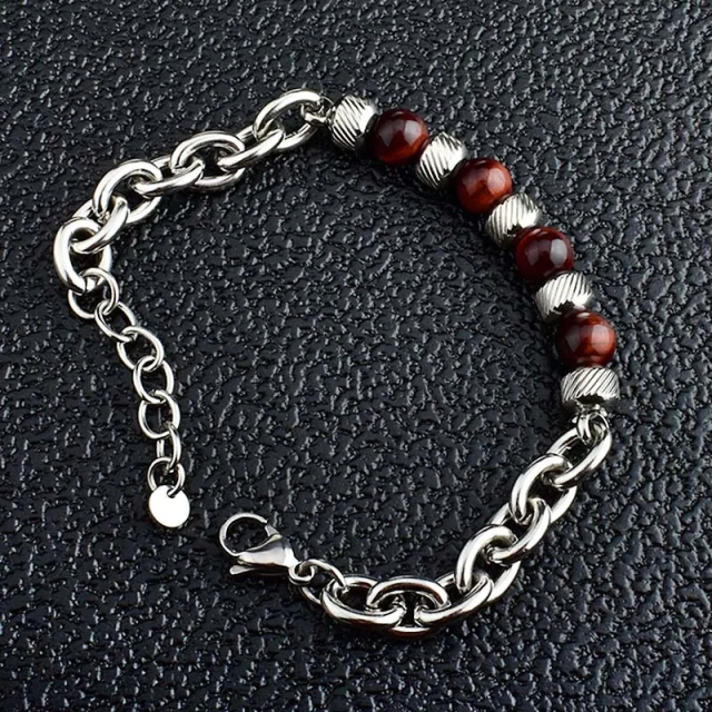 Trendy New Adjustable Silver Plated Stainless Steel Tiger Eye Stone Men's Fashion Beaded Bracelet