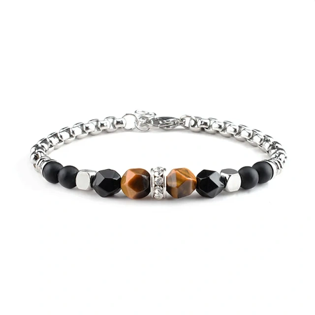 Stainless Steel Men Bracelet Irregular Natural Stone Tiger Eye Agate Bead Bracelet Jewelry for Men