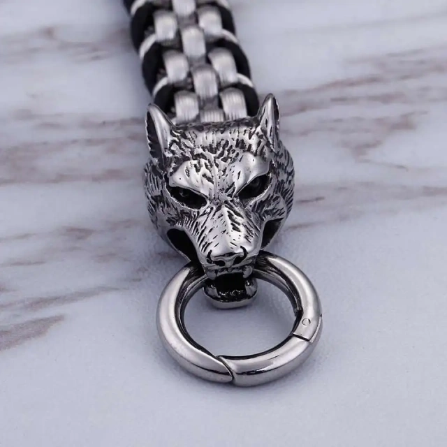 Stainless Steel Leather Animal Wolf Bracelet Silver Bracelet for Men