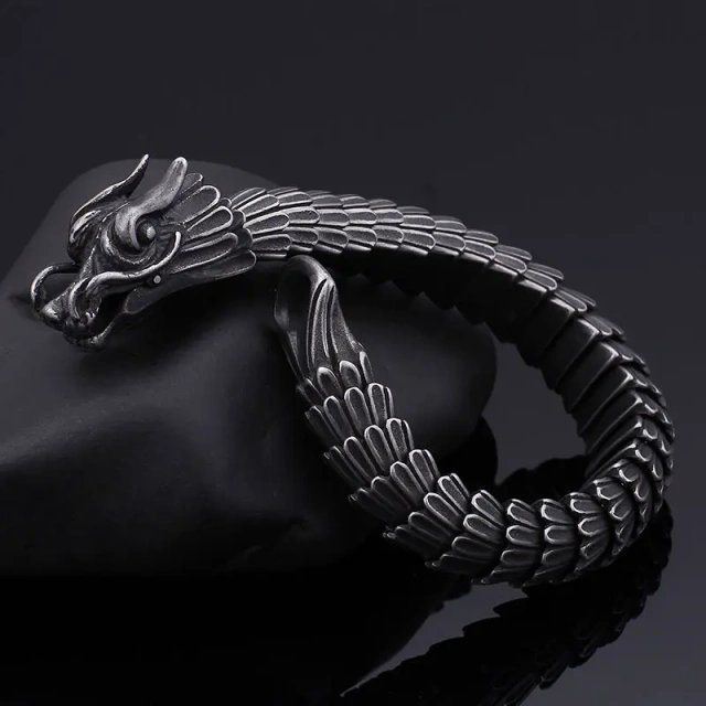 Custom Black Titanium Stainless Steel Dragon Bracelet Animal Zodiac Sign