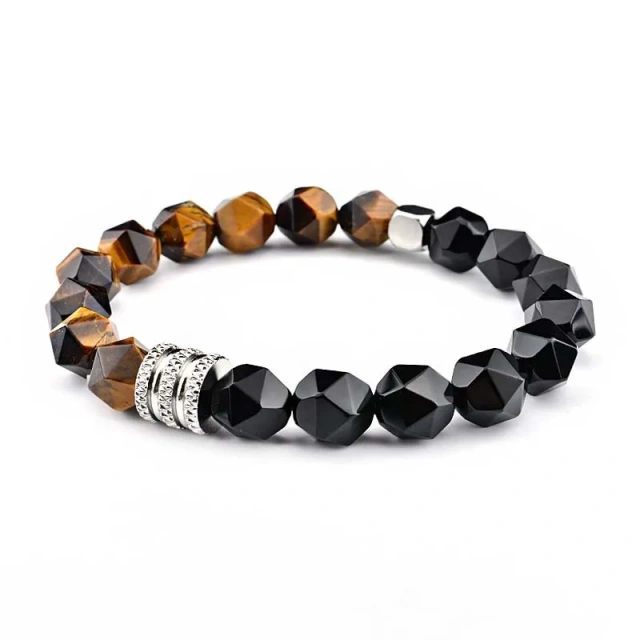 10mm Sliced Onyx Tiger Eye Stone Stainless Beaded Natural Stone Bracelet St237