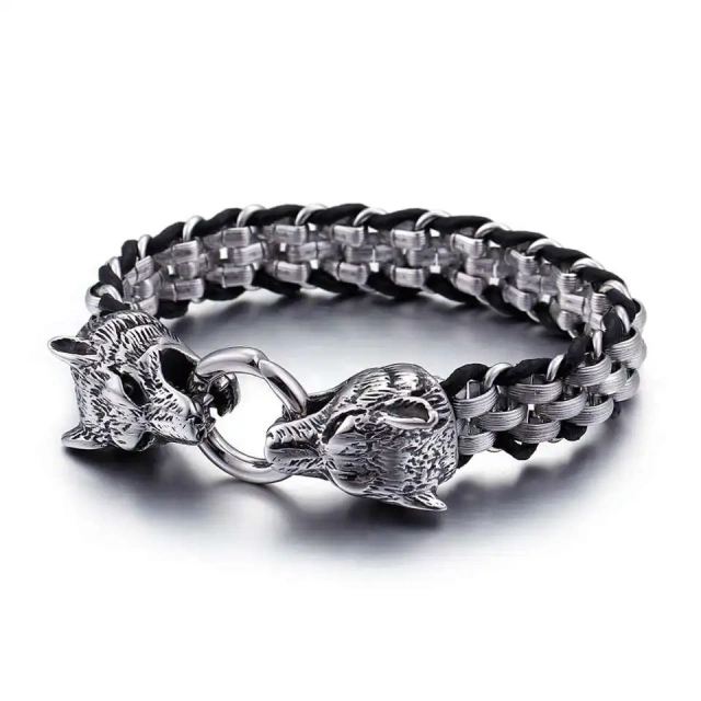 Stainless Steel Leather Animal Wolf Bracelet Silver Bracelet for Men