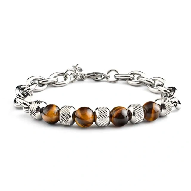 Trendy New Adjustable Silver Plated Stainless Steel Tiger Eye Stone Men's Fashion Beaded Bracelet