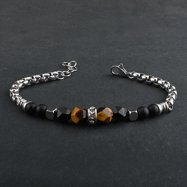 Adjustable Chain Bracelet Stainless Steel Diamond Bead Men's Faceted Tiger Eye Stone Bracelet 21CM Steel Bracelets for Men