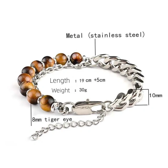 Wholesale New Men's Jewelry Tiger Eye Stone Silver Plated Stainless Steel Fashion Chain Bracelet