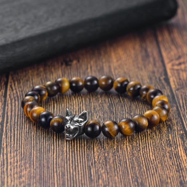 Ready to Ship New Agate Tiger Eye Stone DIY Wolf Head Stainless Steel Bracelet Beaded Bracelet Jewelry for Women Men
