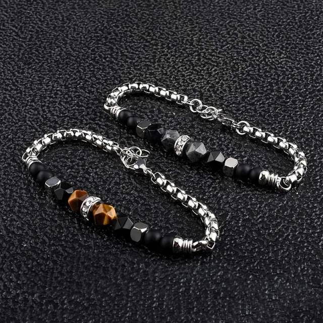 Adjustable Chain Bracelet Stainless Steel Diamond Bead Men's Faceted Tiger Eye Stone Bracelet 21CM Steel Bracelets for Men