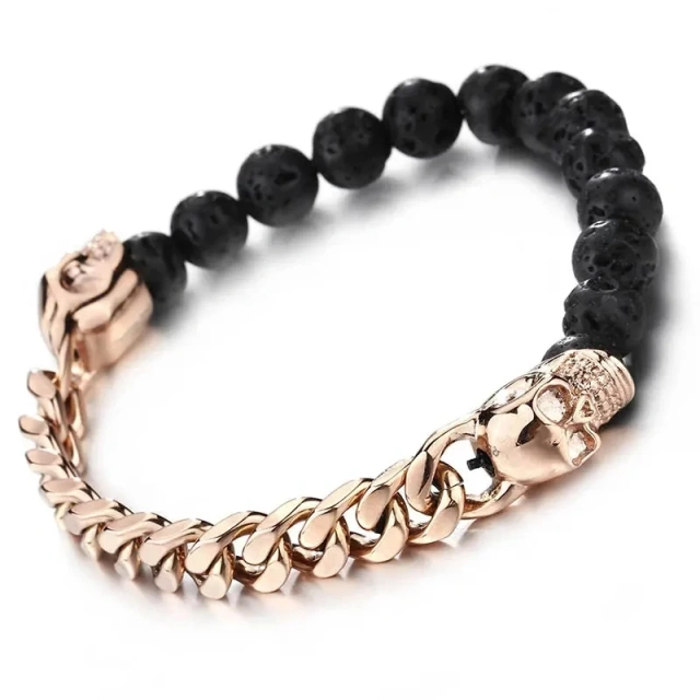 Wholesale 8mm Tiger Eye Beads Volcanic Lava Rock Skull Beads Men Bracelet With Stainless Steel Chain Bracelet