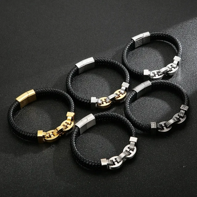 In Stock Fashion Simple Cowhide Rope Splice Stainless Steel Men's Bracelet