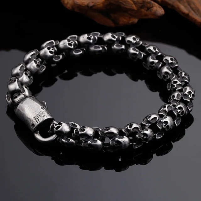 Wholesale Pulseras Hombre Punk Jewelry Adjustable Mens Skull Chain Stainless Steel Bracelet
