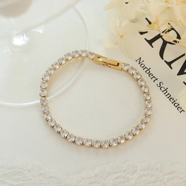 Women Trendy Hip Hop Fashion Jewelry Stainless Steel 18k Gold Plated Diamond Zircon Stone Tennis Bracelet