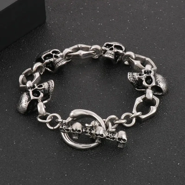 In Stock 200/210mm Men Punk Stainless Steel Skull/fish Fin Links Bracelet
