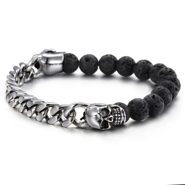 Wholesale 8mm Tiger Eye Beads Volcanic Lava Rock Skull Beads Men Bracelet With Stainless Steel Chain Bracelet
