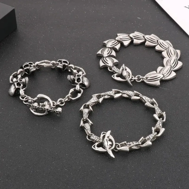 In Stock 200/210mm Men Punk Stainless Steel Skull/fish Fin Links Bracelet
