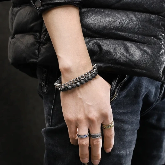 Wholesale 8mm Tiger Eye Beads Volcanic Lava Rock Skull Beads Men Bracelet With Stainless Steel Chain Bracelet